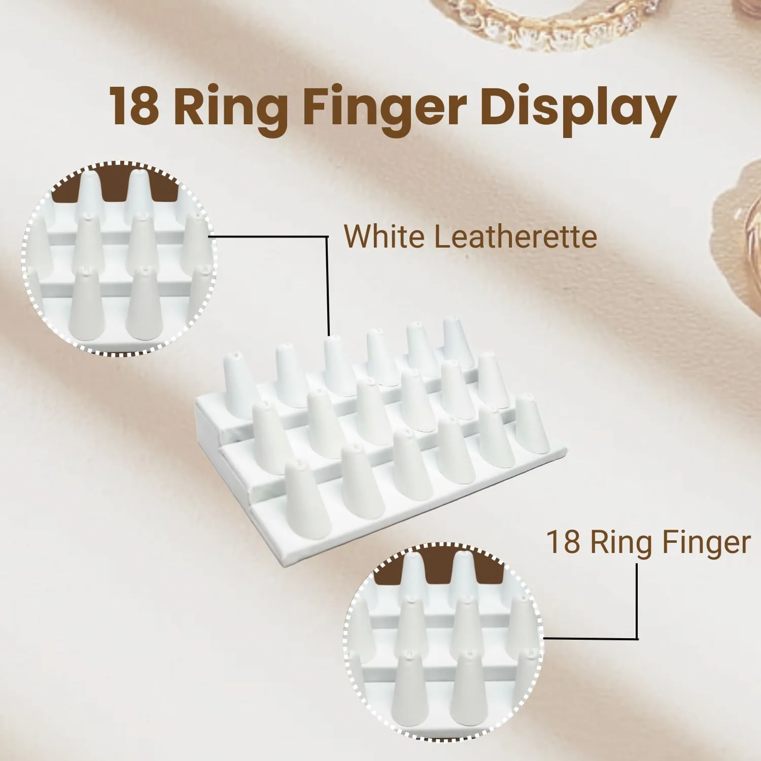 Novel Box White Leatherette Jewelry 18 Rings Finger Display Stand 8.25x4.75x2.5 Inches with Square Base - Ring Holder Organizer Stand for Selling or Personal Use - Display Stands for Rings