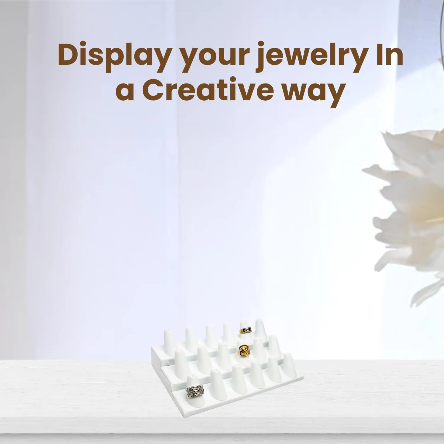 Novel Box White Leatherette Jewelry 18 Rings Finger Display Stand 8.25x4.75x2.5 Inches with Square Base - Ring Holder Organizer Stand for Selling or Personal Use - Display Stands for Rings