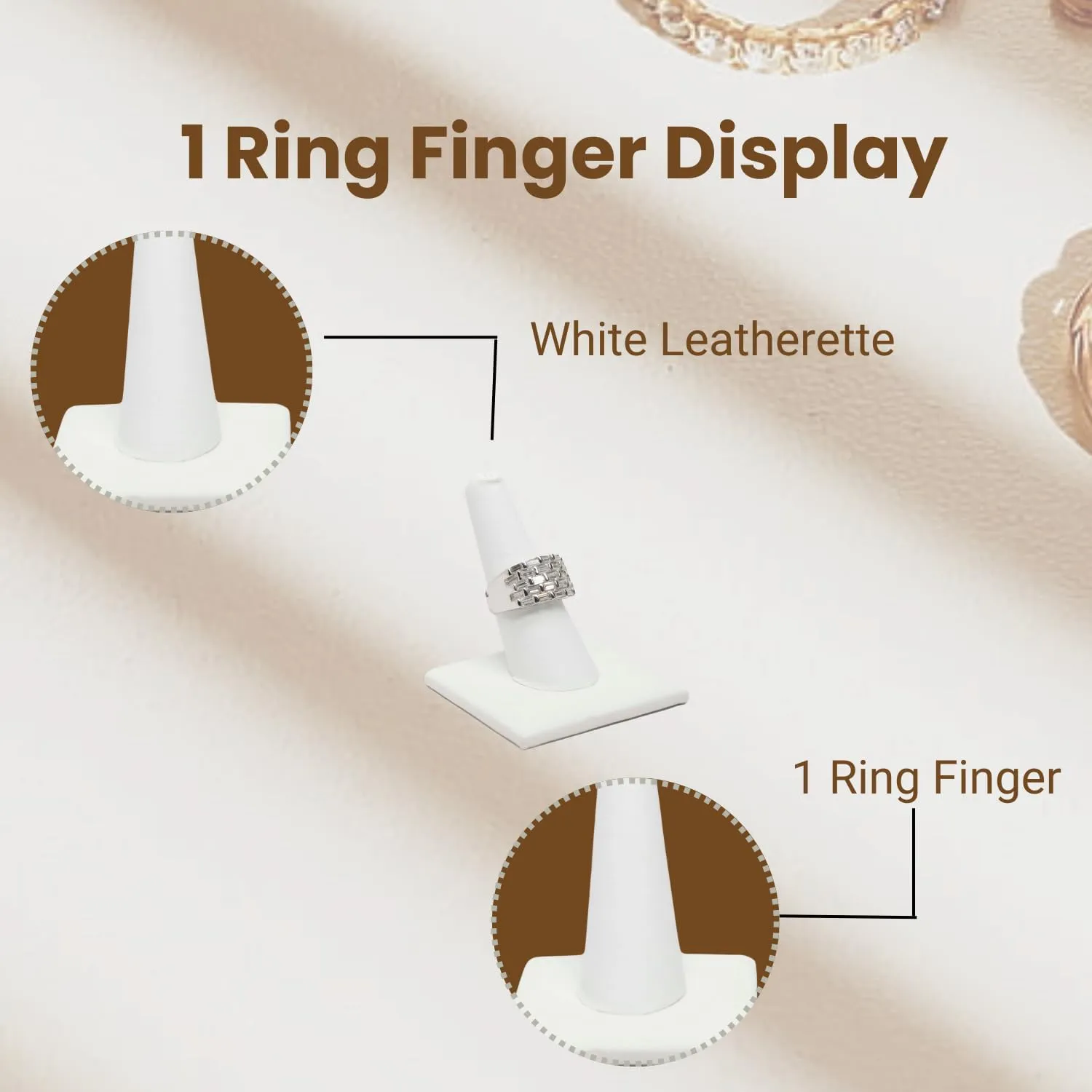 Novel Box White Leatherette Jewelry Ring Finger Display Stand 2.12x2.12x2.37 Inches with Square Base - Ring Holder Organizer Stand for Selling or Personal Use - Display Stands for Rings