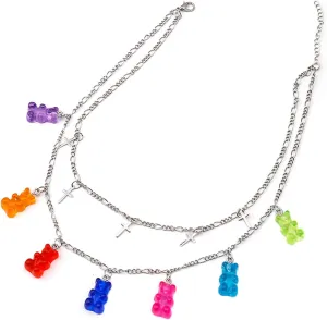 N/Q Layered Punk Gothic Resin Gummy Cartoon Bear Link Chain Pendant Necklace Colorful Rock Hip Hop Transparent Animal Choker Necklace for Women Party Jewelry Gift