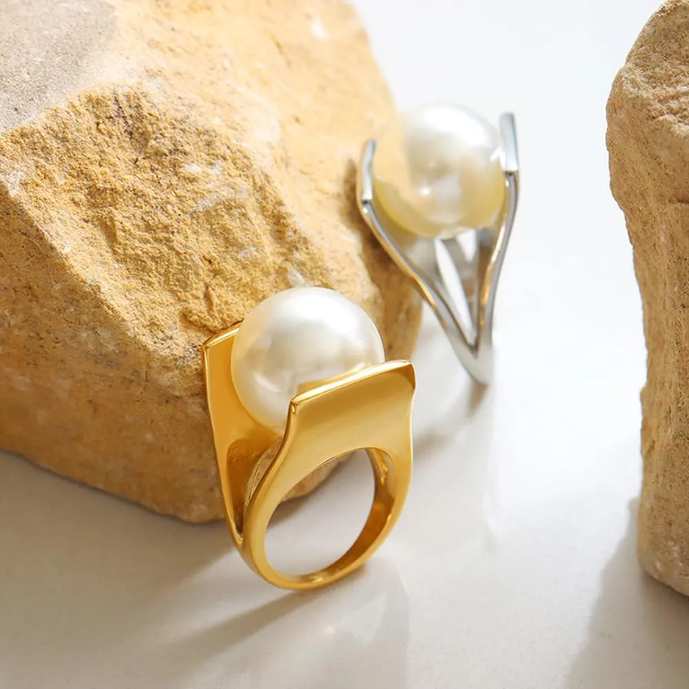 OIDIMS Exaggerated Pearl Statement Band Ring Stainless Steel Y Shaped Plated White Gold Unique Style Big Rings Personalized Finger Comfort Fit Jewelry for Women Bff Fashion Gift Birthday Xmas