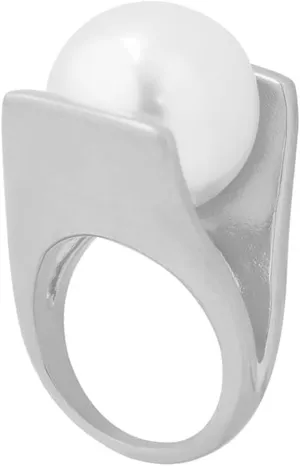 OIDIMS Exaggerated Pearl Statement Band Ring Stainless Steel Y Shaped Plated White Gold Unique Style Big Rings Personalized Finger Comfort Fit Jewelry for Women Bff Fashion Gift Birthday Xmas