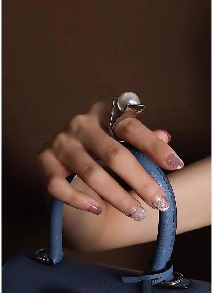 OIDIMS Exaggerated Pearl Statement Band Ring Stainless Steel Y Shaped Plated White Gold Unique Style Big Rings Personalized Finger Comfort Fit Jewelry for Women Bff Fashion Gift Birthday Xmas