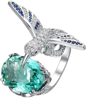 OIDIMS Gem Stone Hummingbird Ring Dainty Simulated Aquamarine Shiny Birthstone Open Adjustable Rings for Women Personalized Unique Cubic Zirconia Jewelry for Her Mom Beautiful Lady Birthday Xmas