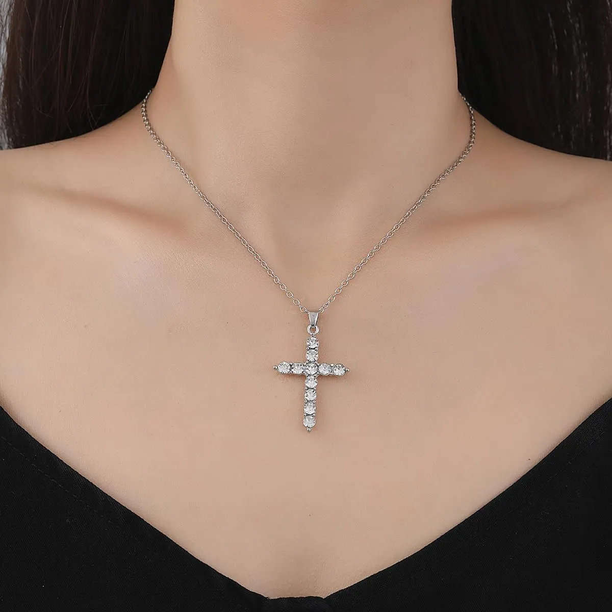 ONLYJUMP 14K Gold Plated Cubic Zirconia Cross Necklace for Women Silver Cross Pendant Necklaces Simple Dainty Necklace Anniversary Birthday Christmas Gifts