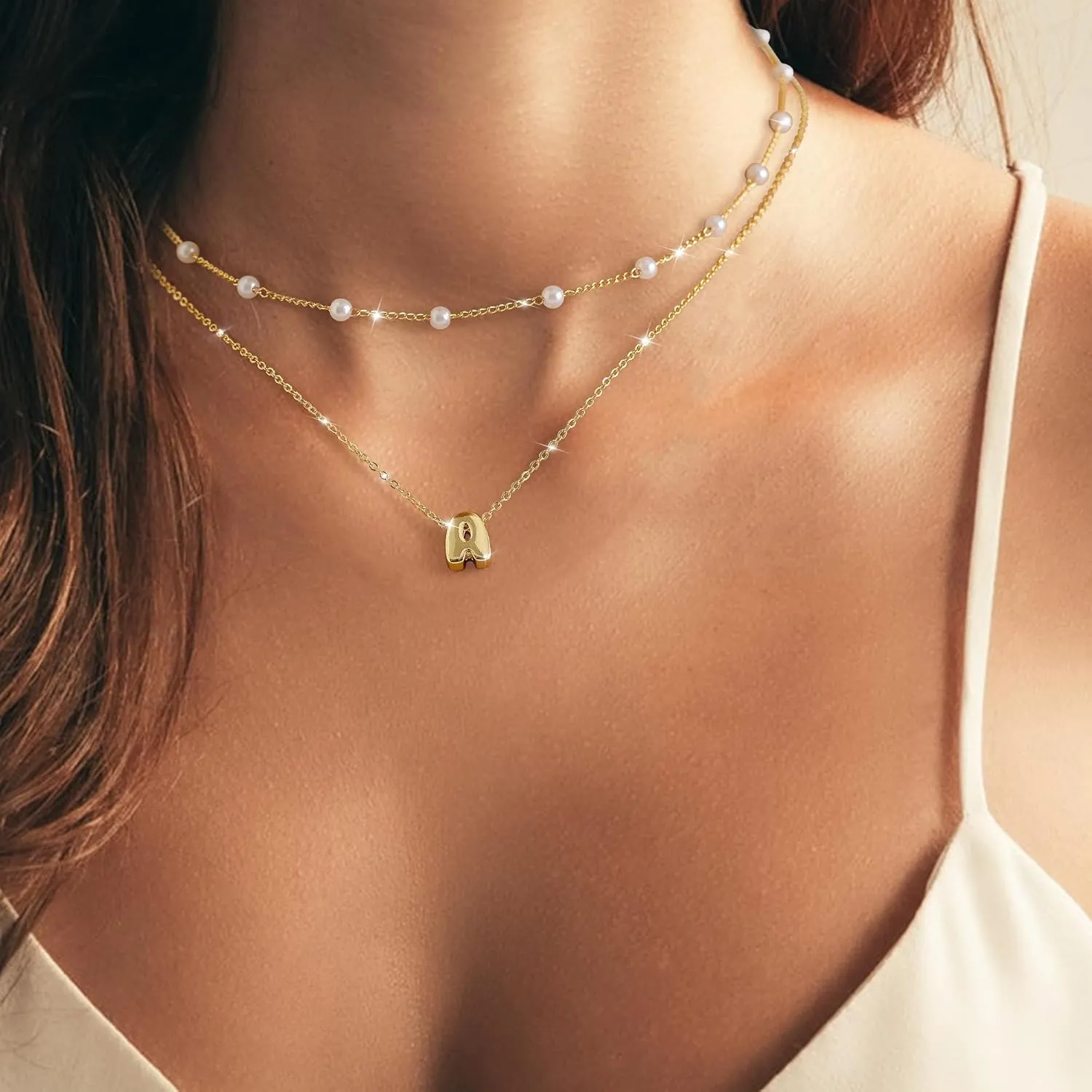 OOOPEL Gold Layered Pearl Initial Necklaces for Women Non Tarnish 14K Gold Plated Necklaces Durable Waterproof Dainty A-Z Pendant Choker Small Pearl Letter Necklace Personalized Jewelry Gifts