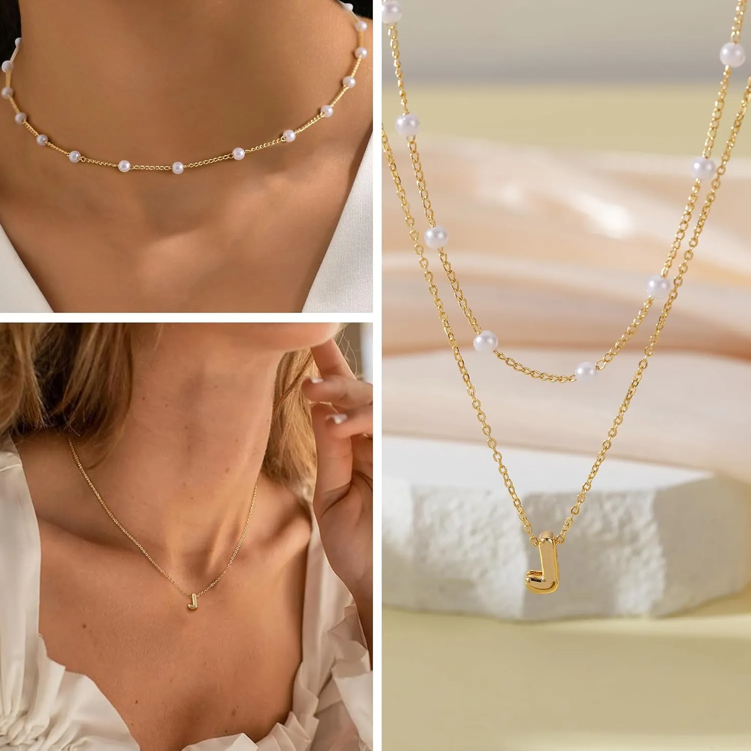 OOOPEL Gold Layered Pearl Initial Necklaces for Women Non Tarnish 14K Gold Plated Necklaces Durable Waterproof Dainty A-Z Pendant Choker Small Pearl Letter Necklace Personalized Jewelry Gifts