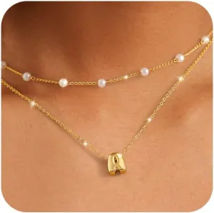 OOOPEL Gold Layered Pearl Initial Necklaces for Women Non Tarnish 14K Gold Plated Necklaces Durable Waterproof Dainty A-Z Pendant Choker Small Pearl Letter Necklace Personalized Jewelry Gifts