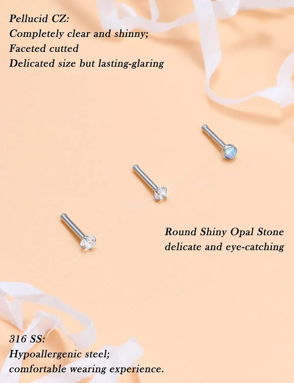Opal Nose Rings Studs 20G 18G Surgical Steel Nose Stud Nose Piercing Jewelry Top CZ 1.5mm 2mm 2.5mm 3mm Straight L Screw Nose Ring Stud Heart Nostril Piercing Jewelry for Women Men