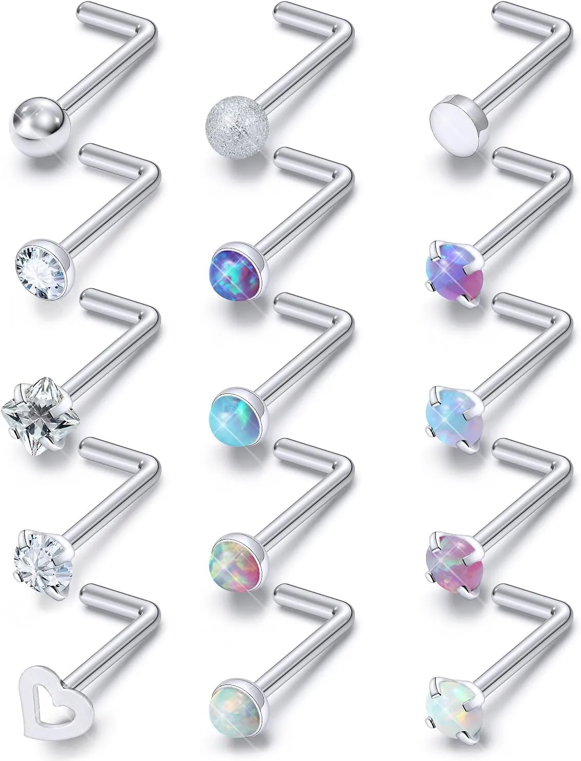 Opal Nose Rings Studs 20G 18G Surgical Steel Nose Stud Nose Piercing Jewelry Top CZ 1.5mm 2mm 2.5mm 3mm Straight L Screw Nose Ring Stud Heart Nostril Piercing Jewelry for Women Men