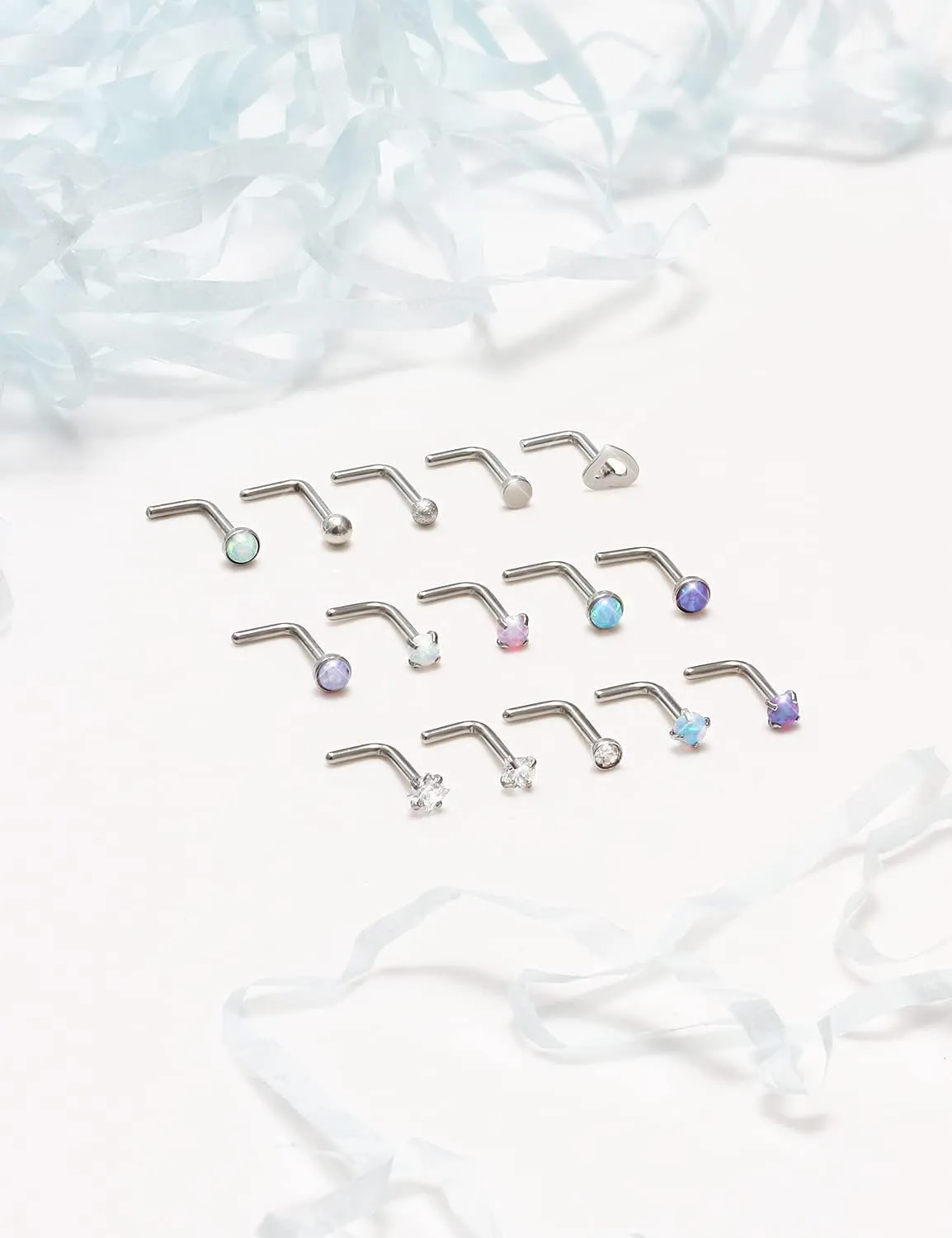 Opal Nose Rings Studs 20G 18G Surgical Steel Nose Stud Nose Piercing Jewelry Top CZ 1.5mm 2mm 2.5mm 3mm Straight L Screw Nose Ring Stud Heart Nostril Piercing Jewelry for Women Men