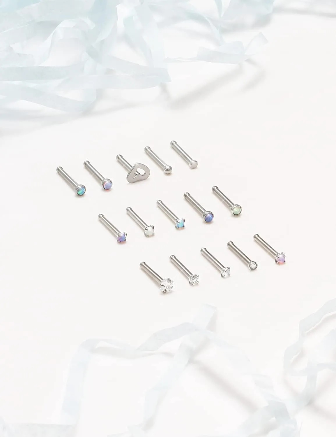 Opal Nose Rings Studs 20G 18G Surgical Steel Nose Stud Nose Piercing Jewelry Top CZ 1.5mm 2mm 2.5mm 3mm Straight L Screw Nose Ring Stud Heart Nostril Piercing Jewelry for Women Men