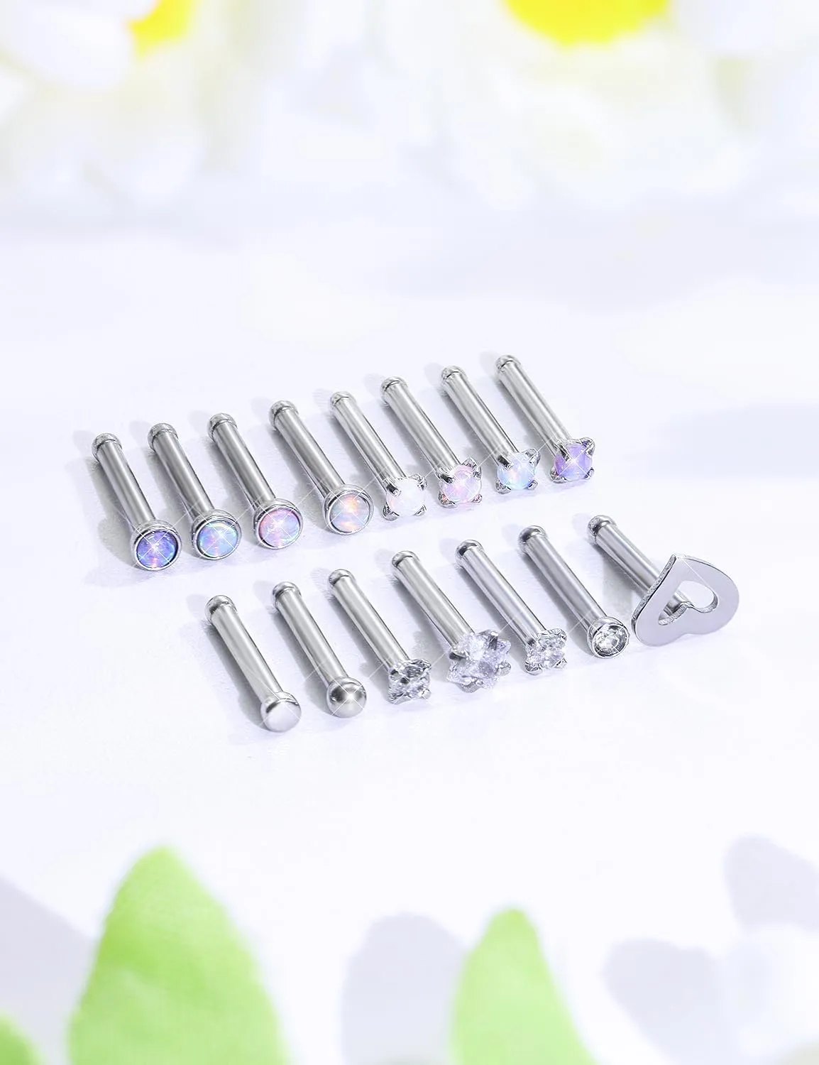 Opal Nose Rings Studs 20G 18G Surgical Steel Nose Stud Nose Piercing Jewelry Top CZ 1.5mm 2mm 2.5mm 3mm Straight L Screw Nose Ring Stud Heart Nostril Piercing Jewelry for Women Men