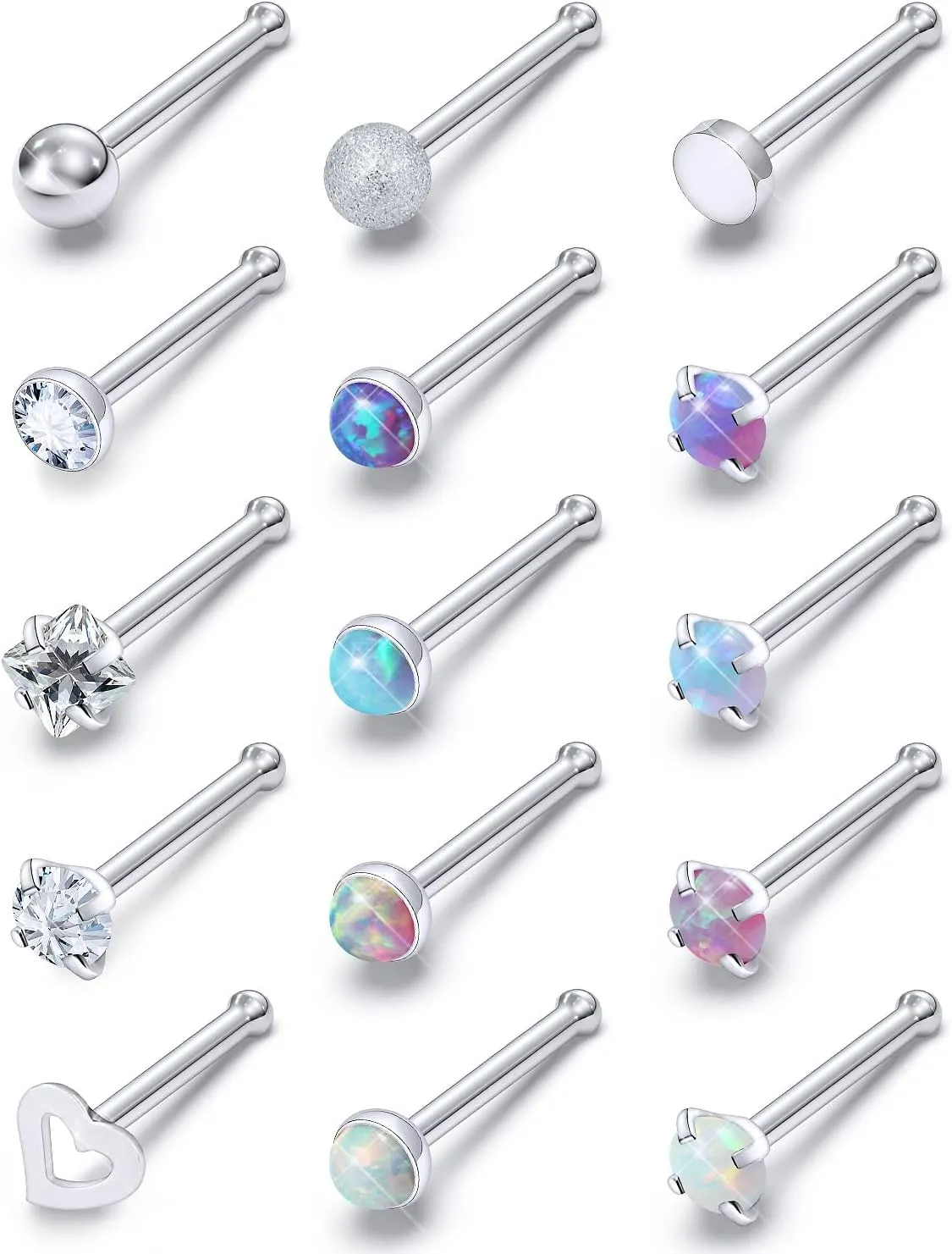 Opal Nose Rings Studs 20G 18G Surgical Steel Nose Stud Nose Piercing Jewelry Top CZ 1.5mm 2mm 2.5mm 3mm Straight L Screw Nose Ring Stud Heart Nostril Piercing Jewelry for Women Men