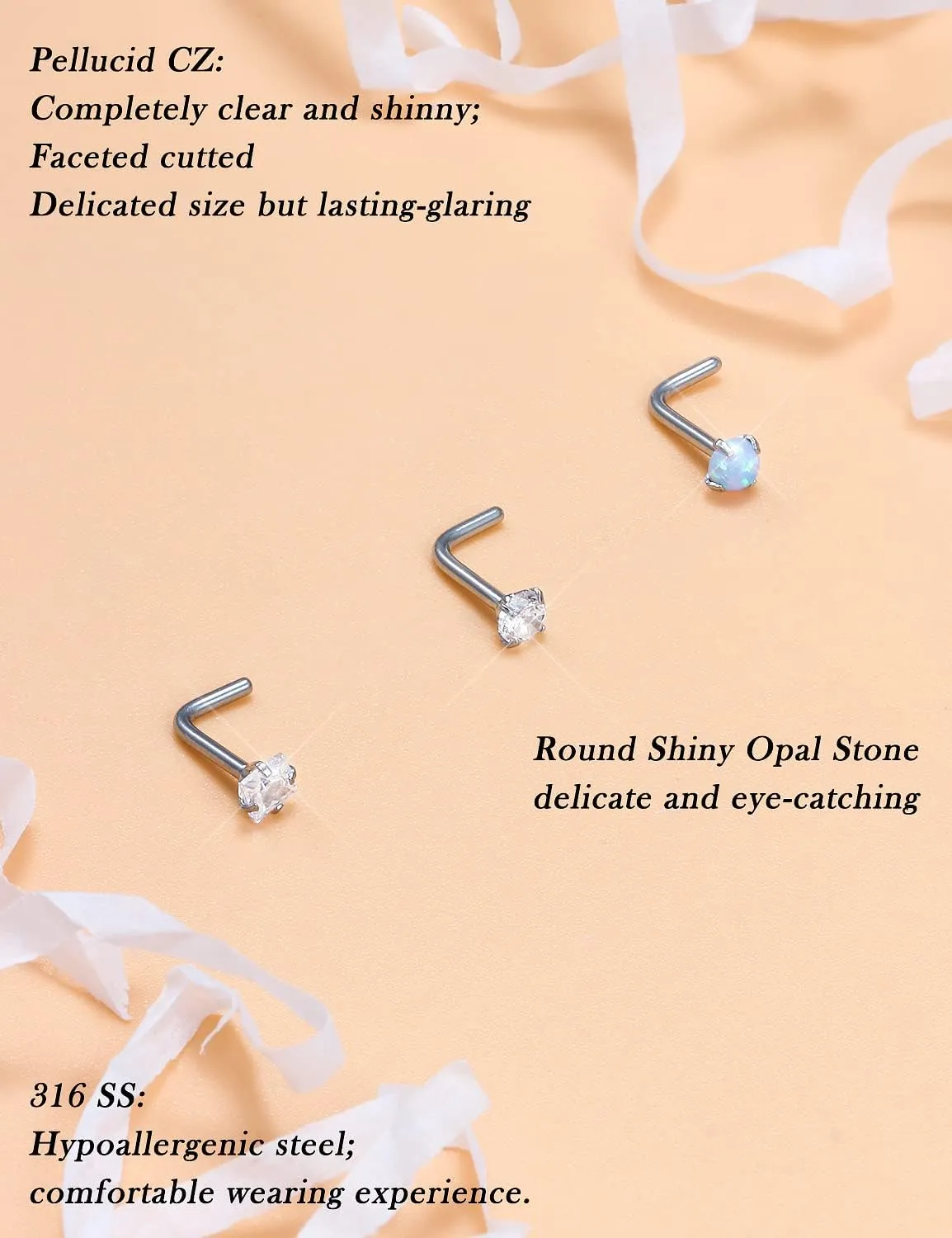 Opal Nose Rings Studs 20G 18G Surgical Steel Nose Stud Nose Piercing Jewelry Top CZ 1.5mm 2mm 2.5mm 3mm Straight L Screw Nose Ring Stud Heart Nostril Piercing Jewelry for Women Men