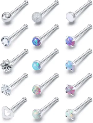 Opal Nose Rings Studs 20G 18G Surgical Steel Nose Stud Nose Piercing Jewelry Top CZ 1.5mm 2mm 2.5mm 3mm Straight L Screw Nose Ring Stud Heart Nostril Piercing Jewelry for Women Men
