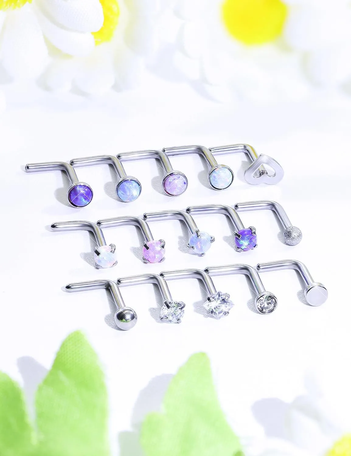 Opal Nose Rings Studs 20G 18G Surgical Steel Nose Stud Nose Piercing Jewelry Top CZ 1.5mm 2mm 2.5mm 3mm Straight L Screw Nose Ring Stud Heart Nostril Piercing Jewelry for Women Men