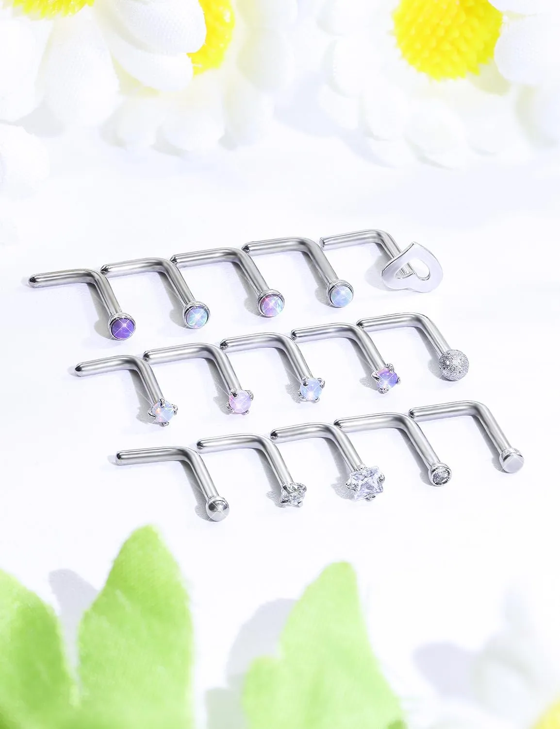 Opal Nose Rings Studs 20G 18G Surgical Steel Nose Stud Nose Piercing Jewelry Top CZ 1.5mm 2mm 2.5mm 3mm Straight L Screw Nose Ring Stud Heart Nostril Piercing Jewelry for Women Men