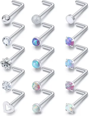 Opal Nose Rings Studs 20G 18G Surgical Steel Nose Stud Nose Piercing Jewelry Top CZ 1.5mm 2mm 2.5mm 3mm Straight L Screw Nose Ring Stud Heart Nostril Piercing Jewelry for Women Men
