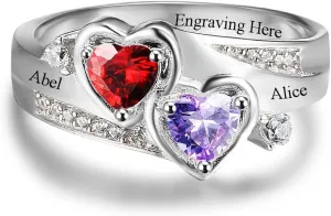 OPALSTOCK Personalized Women Promise Rings with 2 Birthstones Custom Mother Rings to Her Engagement Love Heart Couples Name Ring Gift