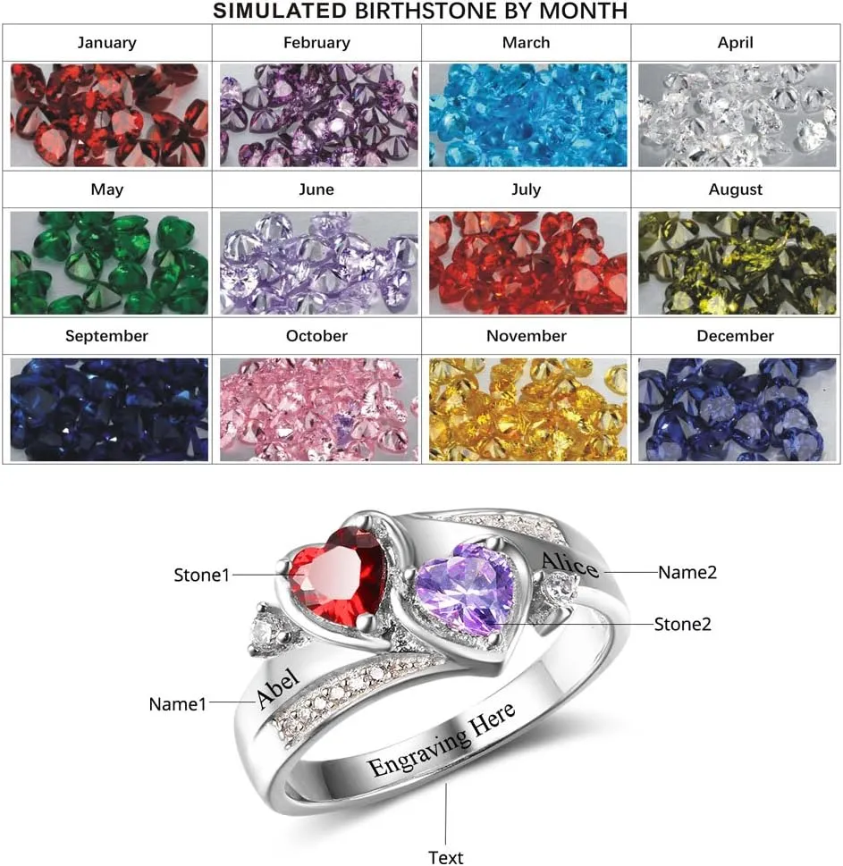 OPALSTOCK Personalized Women Promise Rings with 2 Birthstones Custom Mother Rings to Her Engagement Love Heart Couples Name Ring Gift