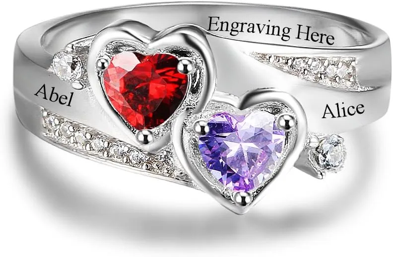 OPALSTOCK Personalized Women Promise Rings with 2 Birthstones Custom Mother Rings to Her Engagement Love Heart Couples Name Ring Gift