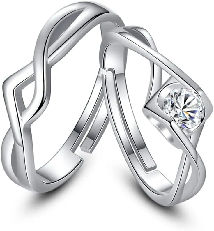 Open Love Zircon Ring for Men Women, Adjustable Classic Annular Couple Rings Set Screw Ring Silver Plated, Personalized Promise Wedding Engagement Band Ring Valentine's Day Gifts for Couples Women Men