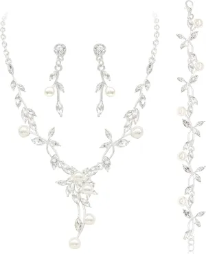 Oriamour Rhinestone Wedding Jewelry Sets for Bridal Women Crystal Necklace Bracelet Earrings Set Prom Jewelry Set for Brides