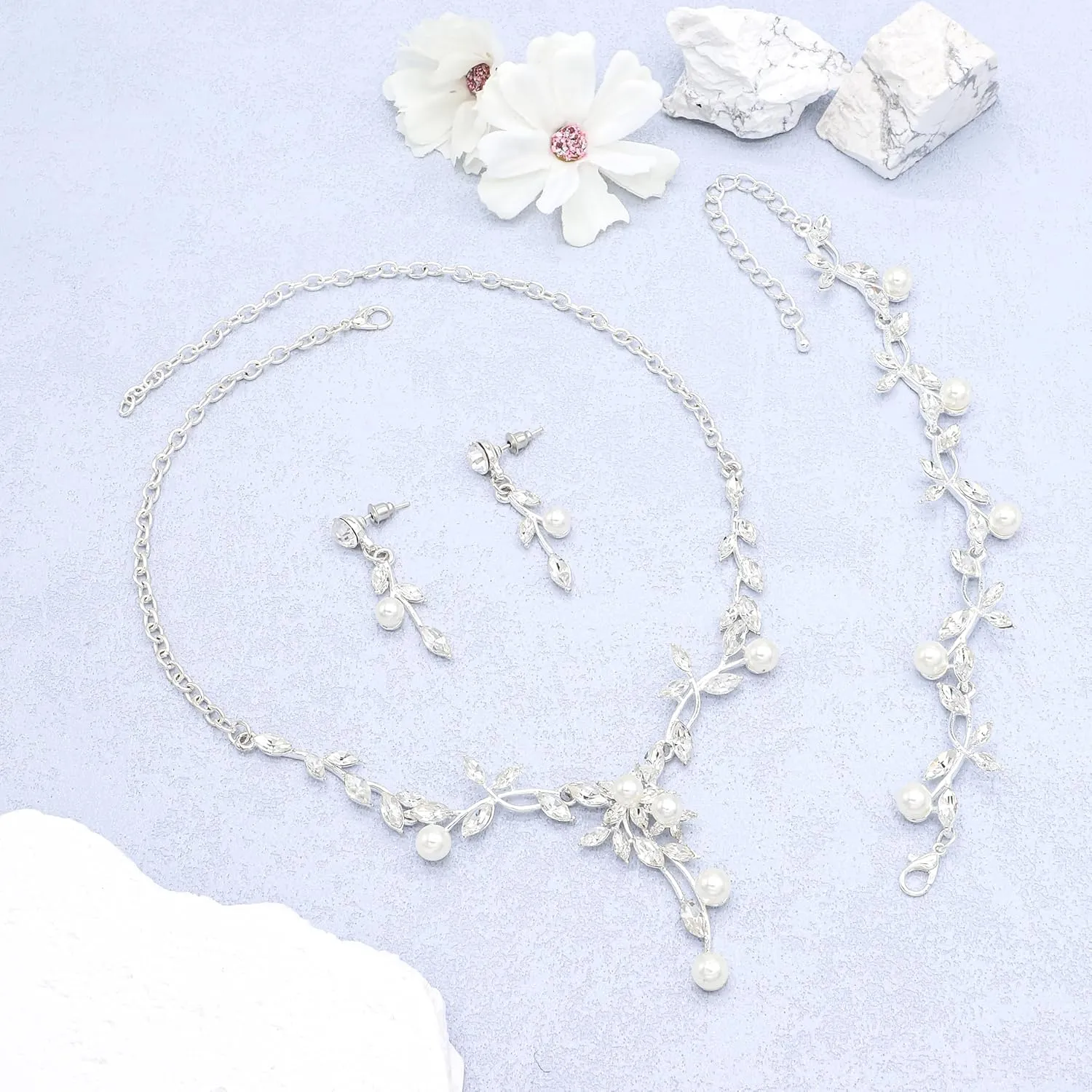 Oriamour Rhinestone Wedding Jewelry Sets for Bridal Women Crystal Necklace Bracelet Earrings Set Prom Jewelry Set for Brides