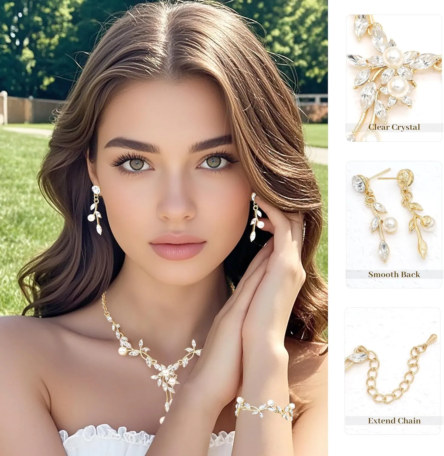 Oriamour Rhinestone Wedding Jewelry Sets for Bridal Women Crystal Necklace Bracelet Earrings Set Prom Jewelry Set for Brides
