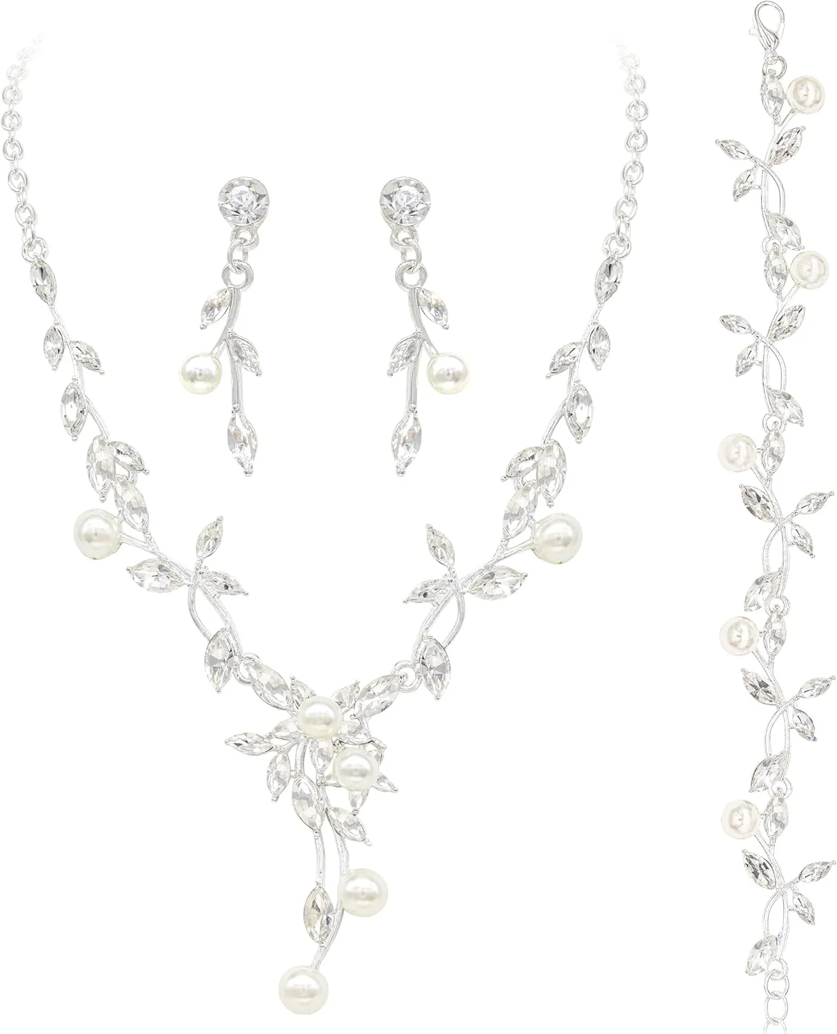 Oriamour Rhinestone Wedding Jewelry Sets for Bridal Women Crystal Necklace Bracelet Earrings Set Prom Jewelry Set for Brides
