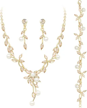Oriamour Rhinestone Wedding Jewelry Sets for Bridal Women Crystal Necklace Bracelet Earrings Set Prom Jewelry Set for Brides