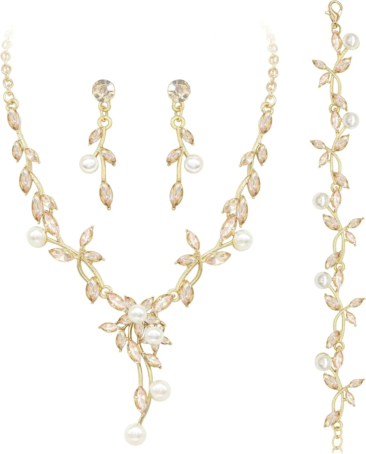 Oriamour Rhinestone Wedding Jewelry Sets for Bridal Women Crystal Necklace Bracelet Earrings Set Prom Jewelry Set for Brides