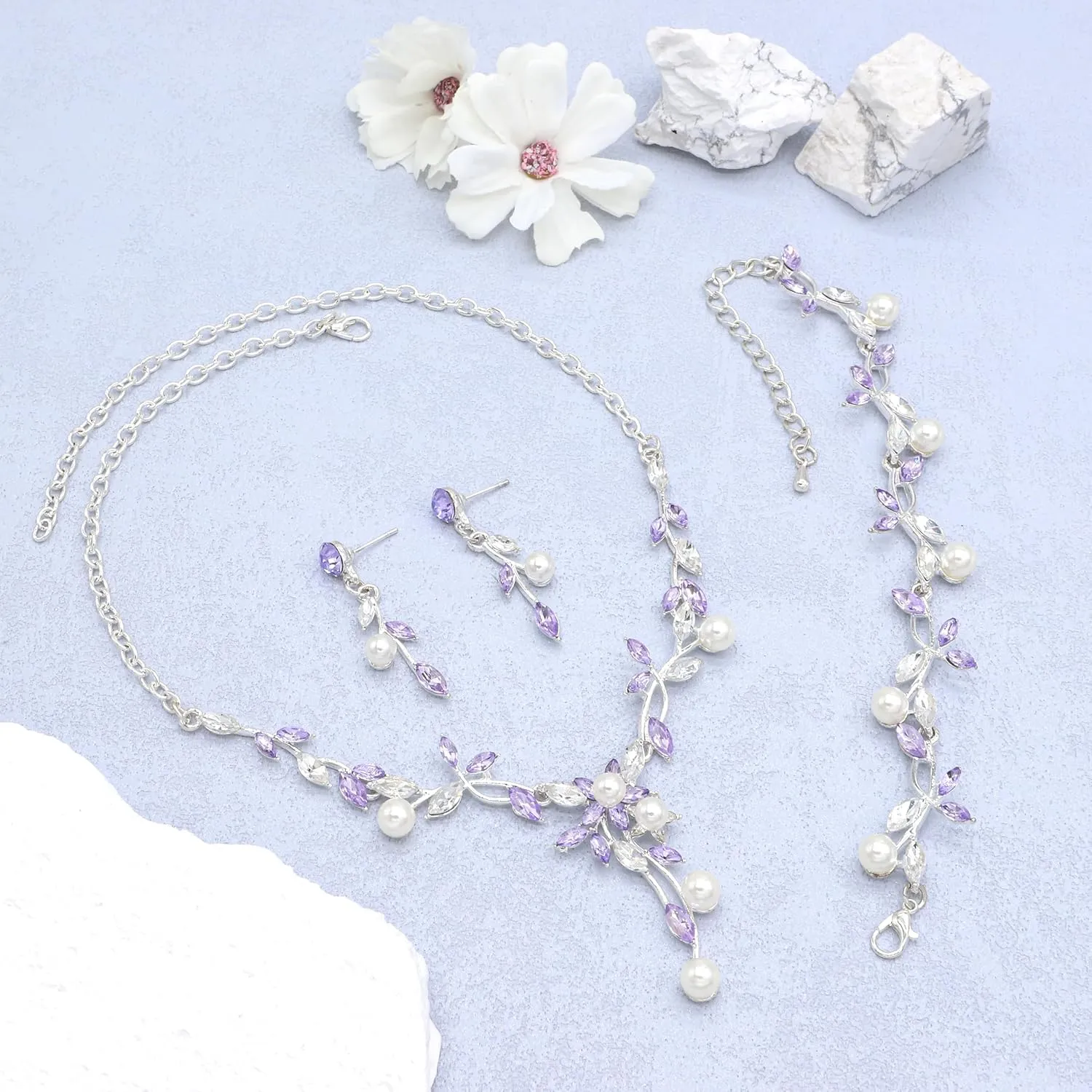 Oriamour Rhinestone Wedding Jewelry Sets for Bridal Women Crystal Necklace Bracelet Earrings Set Prom Jewelry Set for Brides