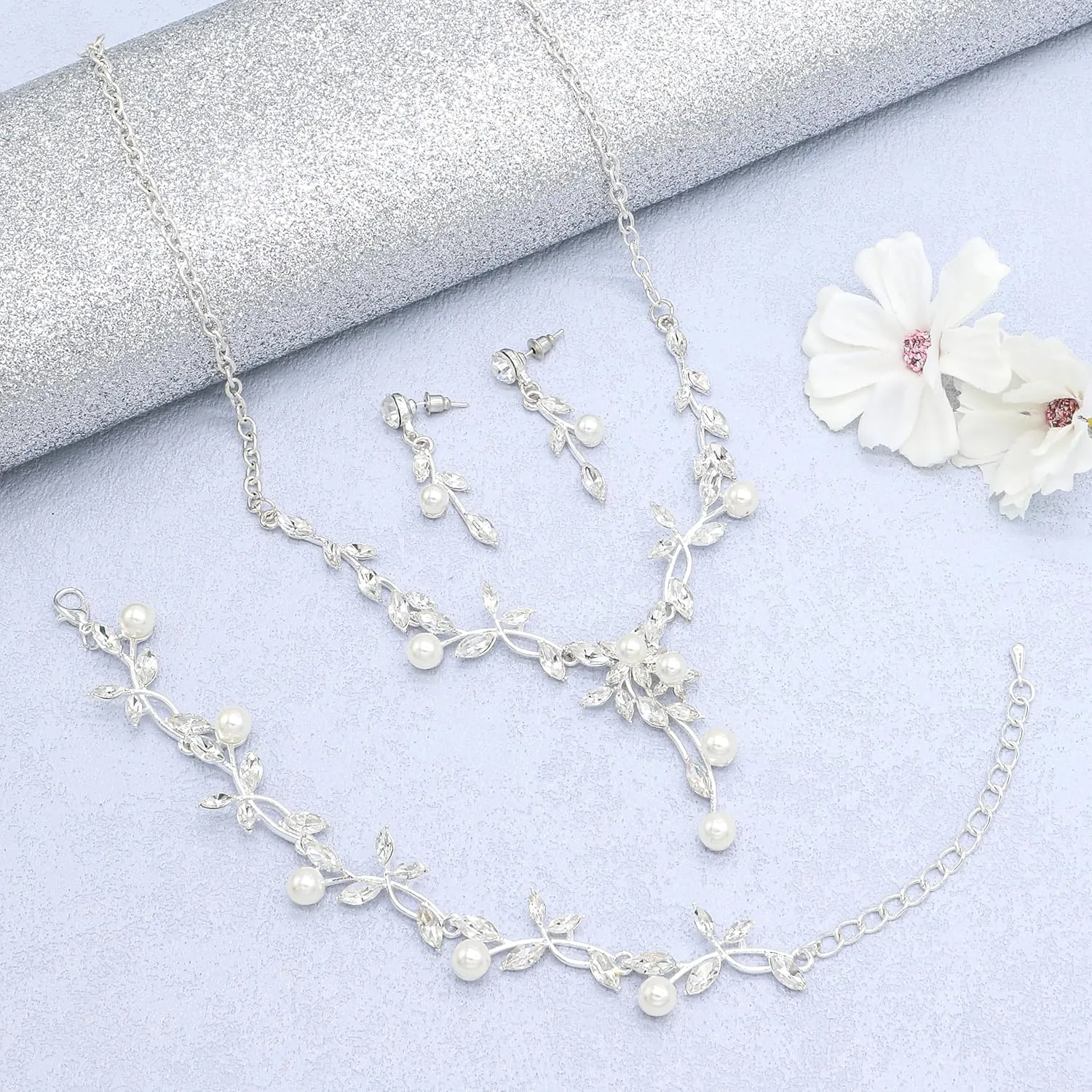 Oriamour Rhinestone Wedding Jewelry Sets for Bridal Women Crystal Necklace Bracelet Earrings Set Prom Jewelry Set for Brides