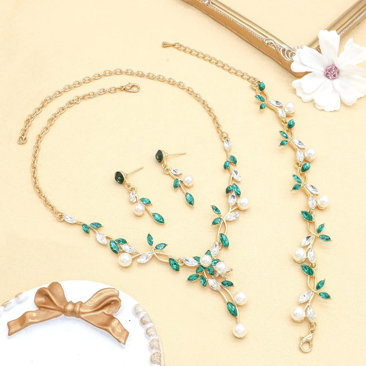 Oriamour Rhinestone Wedding Jewelry Sets for Bridal Women Crystal Necklace Bracelet Earrings Set Prom Jewelry Set for Brides