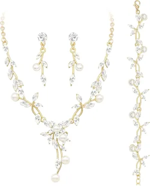 Oriamour Rhinestone Wedding Jewelry Sets for Bridal Women Crystal Necklace Bracelet Earrings Set Prom Jewelry Set for Brides