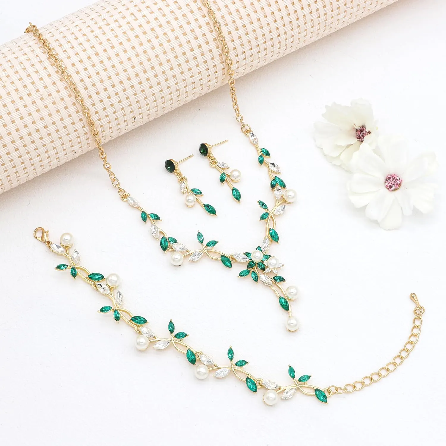 Oriamour Rhinestone Wedding Jewelry Sets for Bridal Women Crystal Necklace Bracelet Earrings Set Prom Jewelry Set for Brides