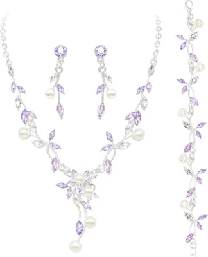 Oriamour Rhinestone Wedding Jewelry Sets for Bridal Women Crystal Necklace Bracelet Earrings Set Prom Jewelry Set for Brides