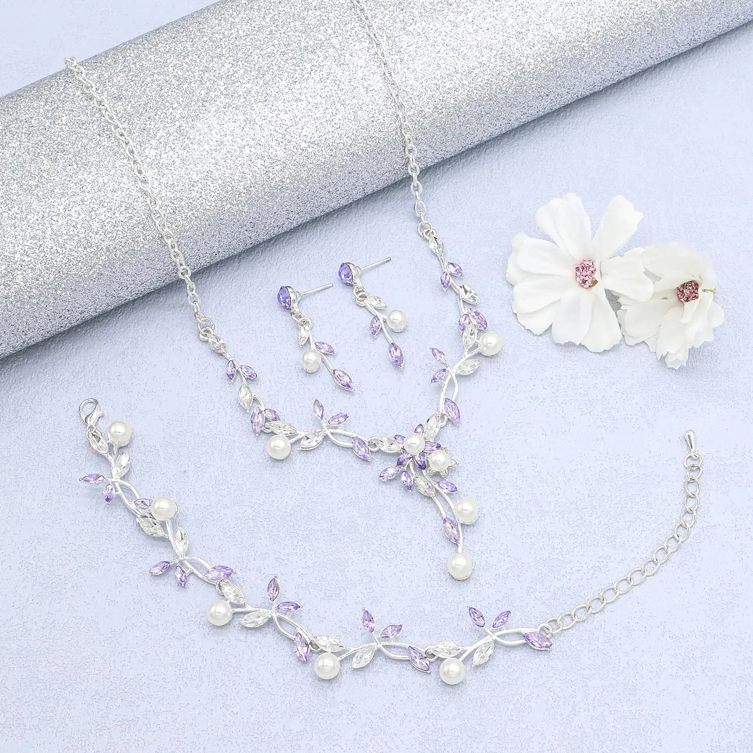 Oriamour Rhinestone Wedding Jewelry Sets for Bridal Women Crystal Necklace Bracelet Earrings Set Prom Jewelry Set for Brides