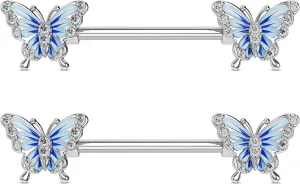 OUFER 2PCS 14G Nipple Rings, Blue Butterfly Nipple Piercing Jewelry, 316l Surgical Steel Nipple Barbells,Nipple Rings For Women