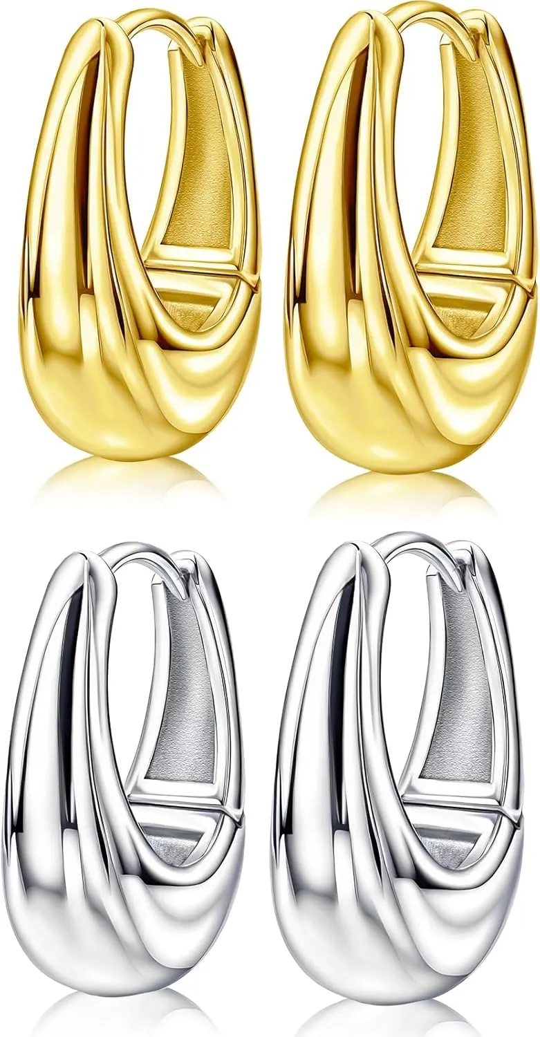 Oval Hoop Earrings Set for Women Trendy - Sterling Silver Gold Loop Earrings for Ladies Hypoallergenic Lightweight Earrings for Sensitive Ears Fashion Minimalist Hoop Earrings Gifts for Christmas