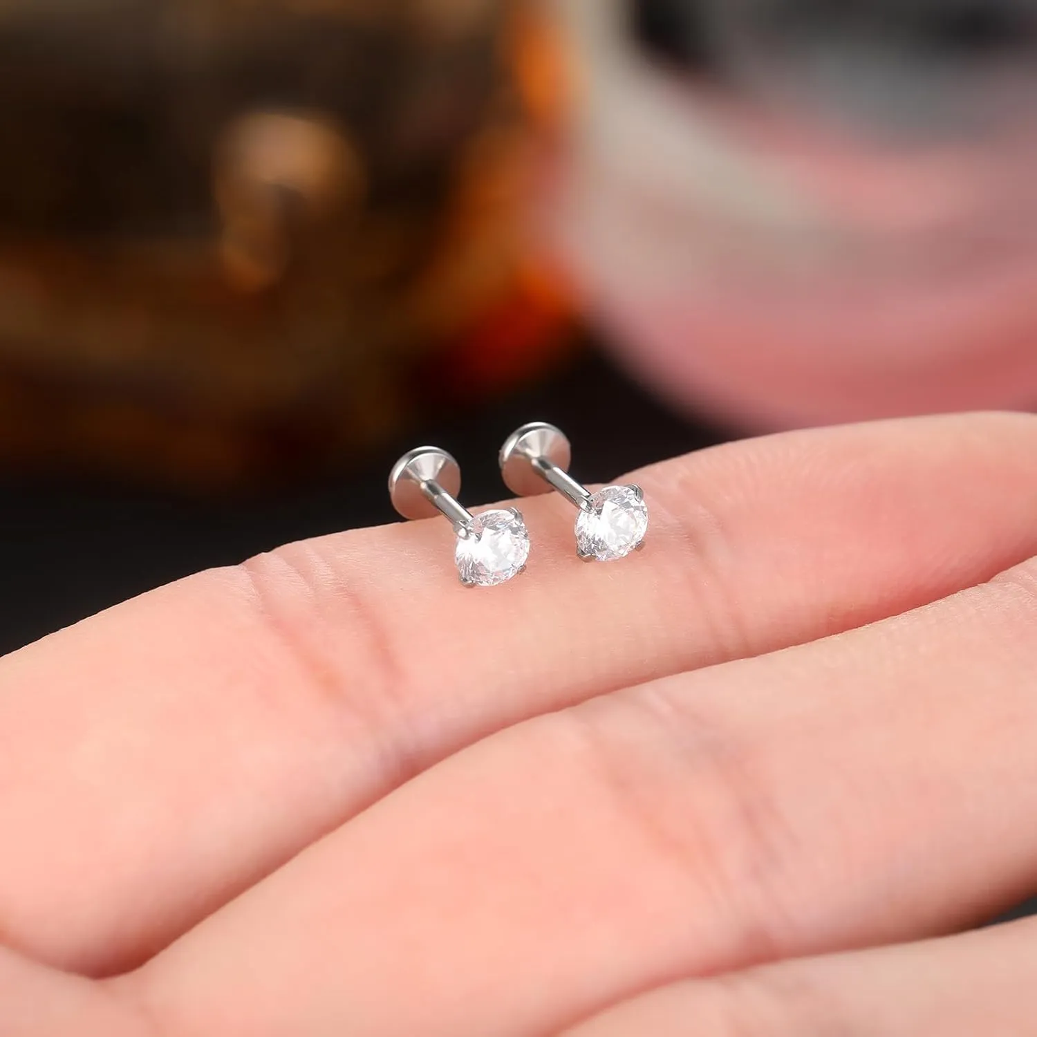 Oveta Titanium Flat Back Studs Earrings for Tragus Cartilage Piercing Jewelry Internally Threaded Nose Rings Studs 18G 16G, Silver/Gold, 2PCS