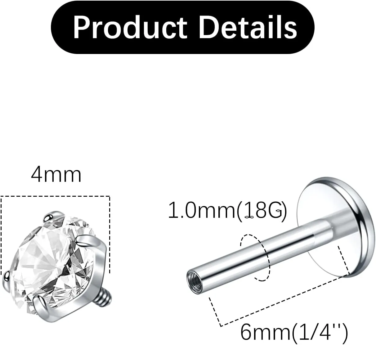 Oveta Titanium Flat Back Studs Earrings for Tragus Cartilage Piercing Jewelry Internally Threaded Nose Rings Studs 18G 16G, Silver/Gold, 2PCS