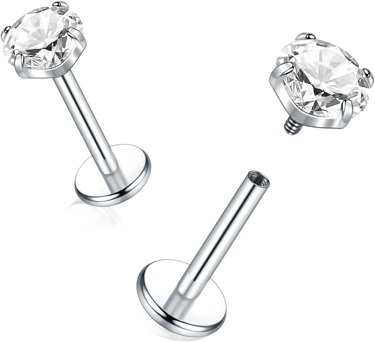 Oveta Titanium Flat Back Studs Earrings for Tragus Cartilage Piercing Jewelry Internally Threaded Nose Rings Studs 18G 16G, Silver/Gold, 2PCS