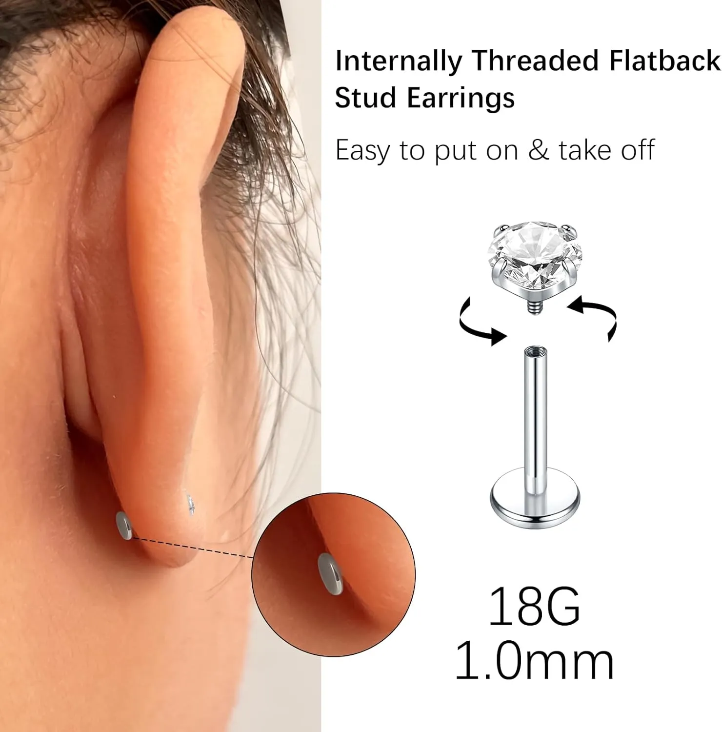 Oveta Titanium Flat Back Studs Earrings for Tragus Cartilage Piercing Jewelry Internally Threaded Nose Rings Studs 18G 16G, Silver/Gold, 2PCS