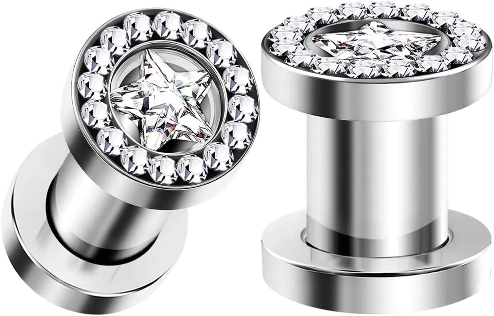 Pair of 316L Surgical Steel Screw-Fit Flesh Tunnels Piercing Jewelry Stretcher Clear Star Ear Earring Lobe Plugs