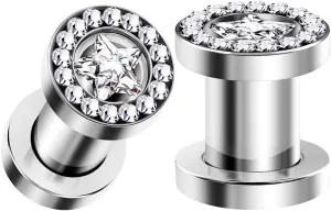 Pair of 316L Surgical Steel Screw-Fit Flesh Tunnels Piercing Jewelry Stretcher Clear Star Ear Earring Lobe Plugs