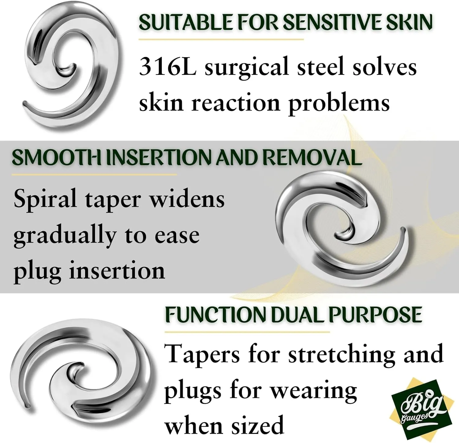 Pair of 316L Surgical Steel Taper Spiral Expander Hollow Piercing Jewelry Stretcher Ear Plugs Stretching Earring