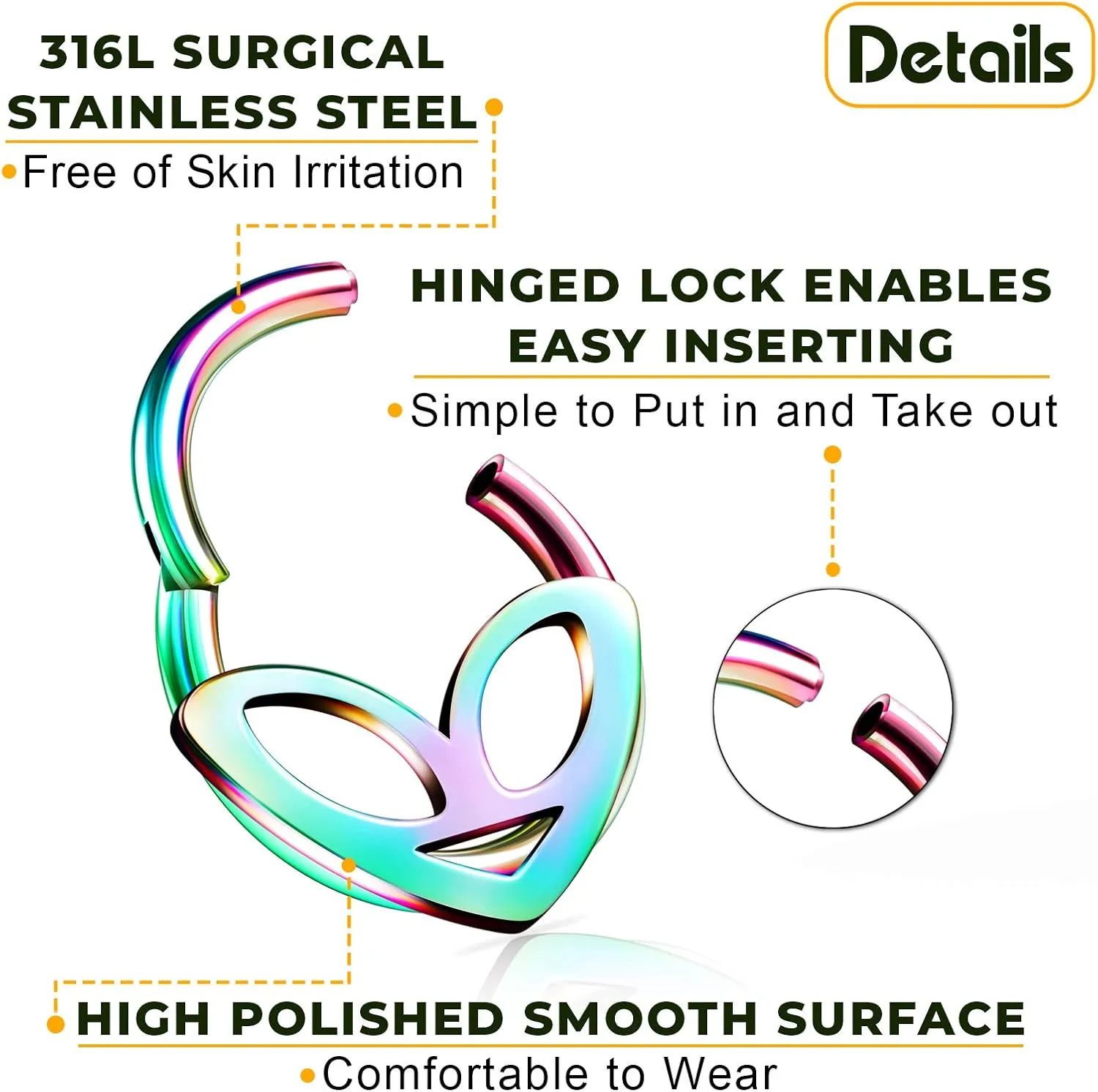 Pair of Anodized 316L Surgical Steel Alien Hinged Segment Nose Hoop Ring Piercing Cartilage Helix Septum Tragus Jewelry